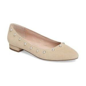 Sudini Amira Embellished Flats Size 7.5 Suede Leather Beige Faux Pearl NEW